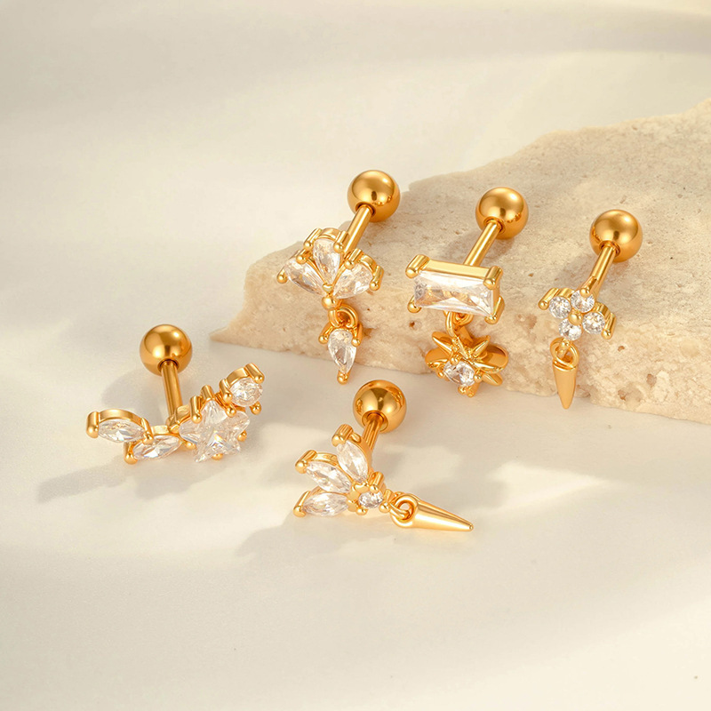 Boucles D'Oreilles Perçantes Pour Femmes, Motif Géométrique, Cuivre, Or, Zircone h5Image5