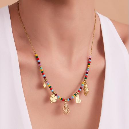 Collier de perles pour femme en acier inoxydable doré, orné d'une pieuvre, de pierres naturelles et de zircon (1 pièce)