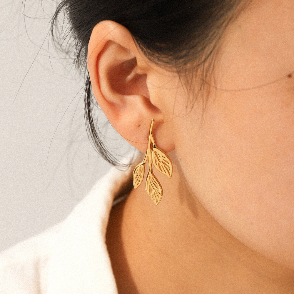 Boucles D'Oreilles Puces Pour Femme, En Acier Inoxydable Doré, Motif Feuille Simple, Imperméables, 1 Paire h5Image3