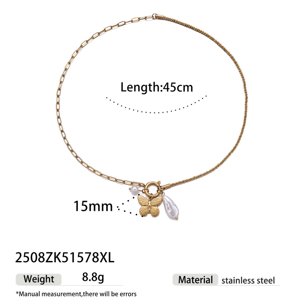 Collier Pendentif Papillon Et Fleur En Acier Inoxydable Étanche Couleur Or (1 Pièce)