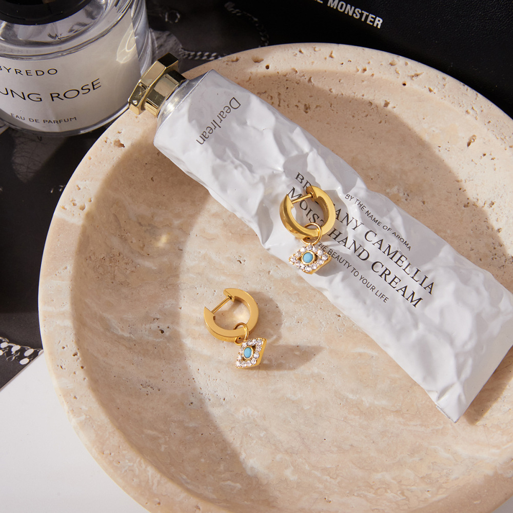 Boucles D'Oreilles Pendantes Pour Femme, Œil De Diable Scintillant, En Acier Inoxydable Étanche, Couleur Or (1 Paire). Image6