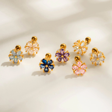 Boucle d'oreille piercing fleur cuivre or zircon 1 pièce