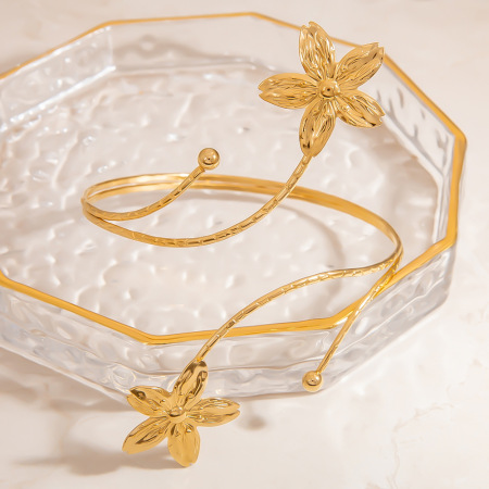 Bracelet manchette luxueux pour femme, en acier inoxydable doré, orné d'un motif floral et soleil (1 pièce). 2