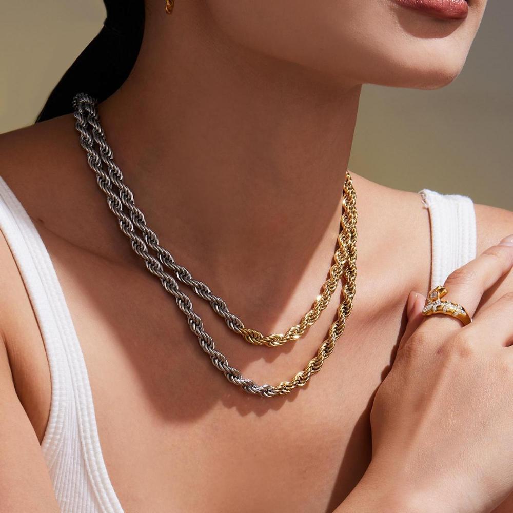 Collier Chaîne Femme En Acier Inoxydable Imperméable, Couleurs Or Et Argent Mélangés (1 Pièce) Image3