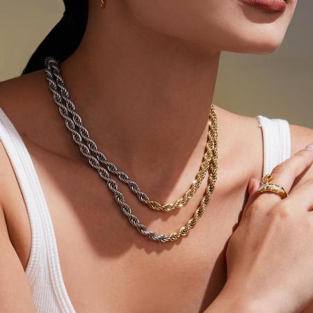 Collier chaîne femme en acier inoxydable imperméable, couleurs or et argent mélangés (1 pièce) 2
