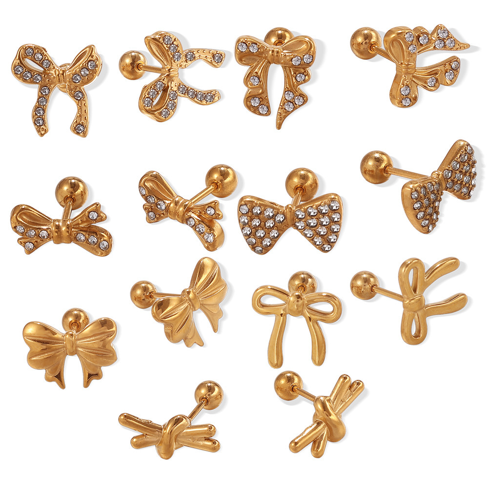 1 Paire De Boucles D'Oreilles Piercing En Acier Inoxydable Doré, Étanches, Avec Nœud Papillon Et Strass. Image4