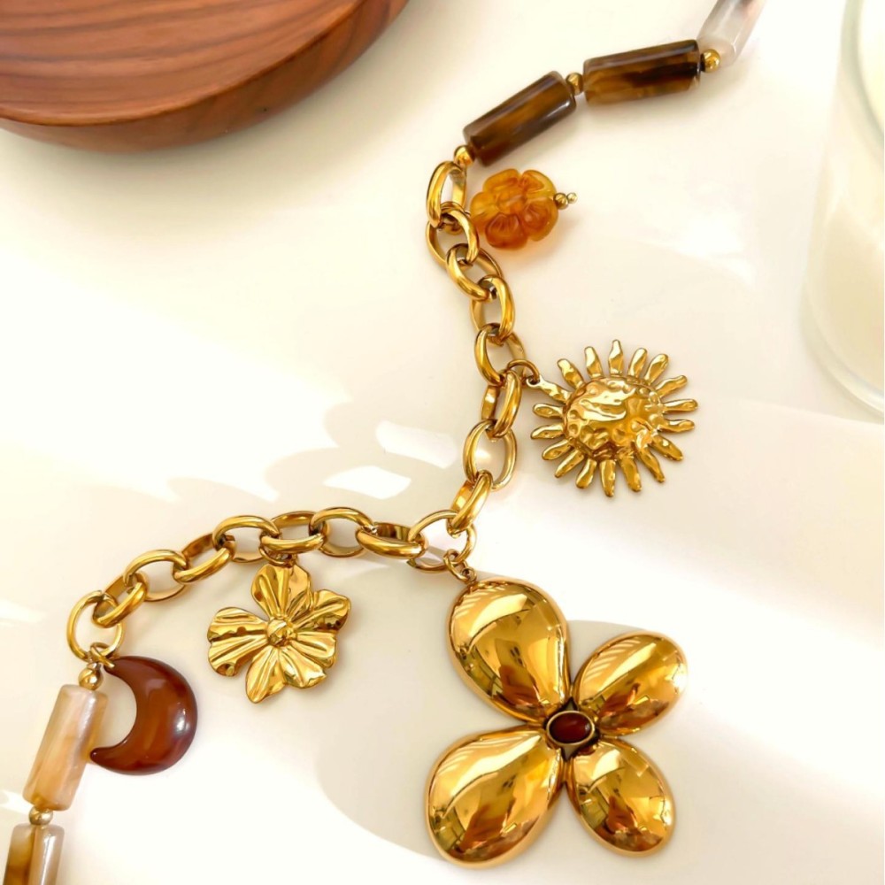 Collier Pendentif En Résine En Forme De Fleur, Soleil Et Lune, 1 Pièce Image5