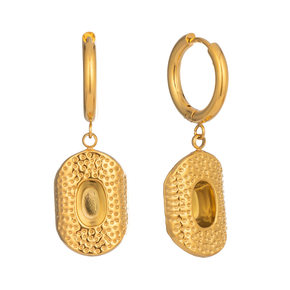 1 Paire De Boucles D'Oreilles Pendantes Ethniques En Acier Inoxydable Doré, Imperméables, À Motif Martelé h5Image5