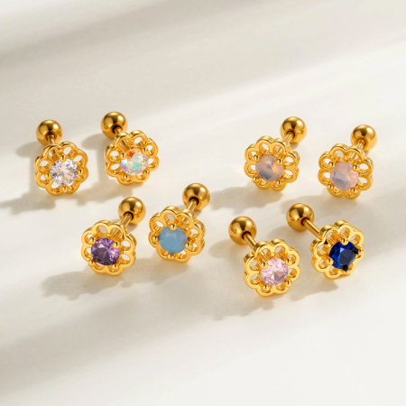 Boucle d'oreille piercing fleur cuivre or zircon 1 pièce