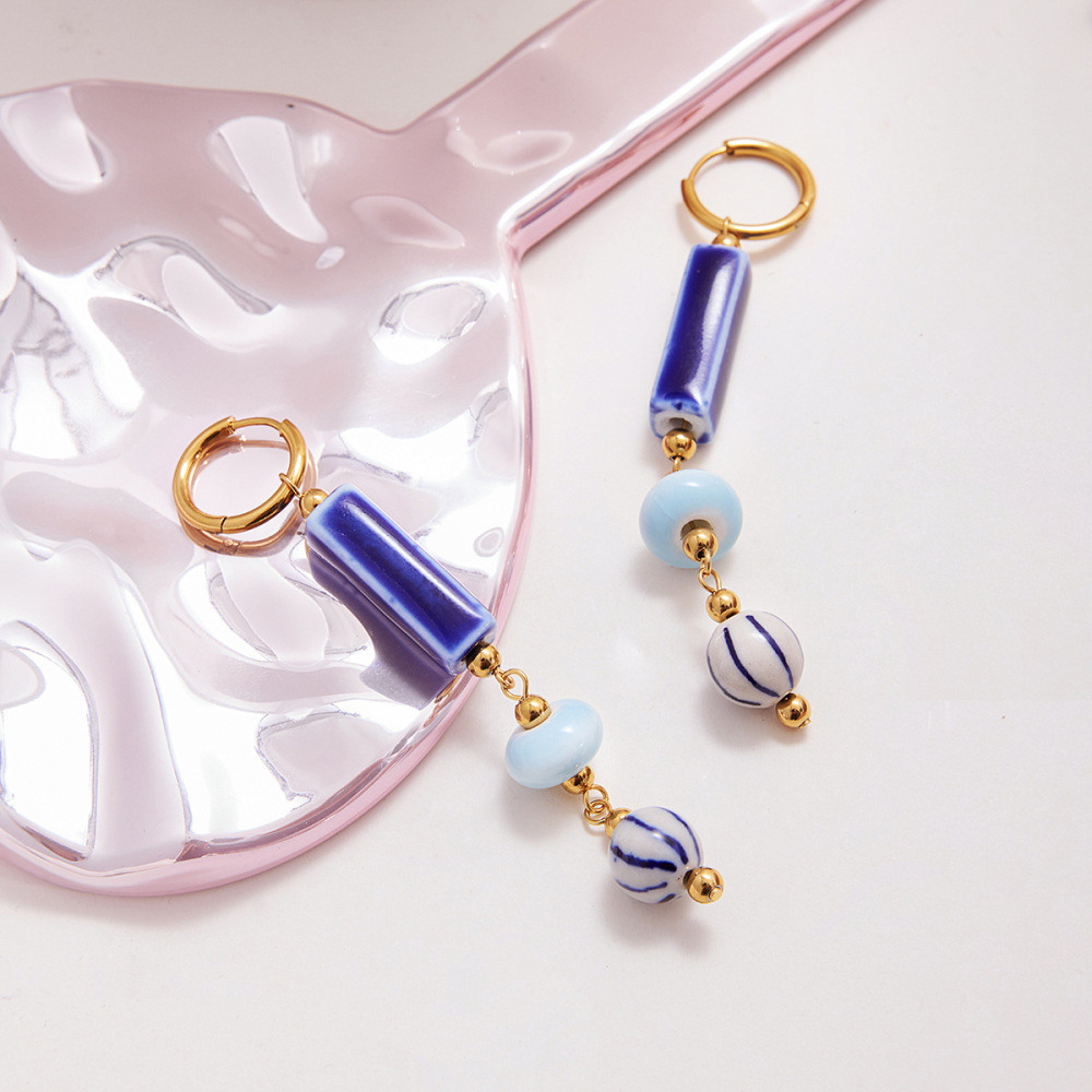 Boucles D'Oreilles À Perles Pour Femme, 1 Paire, En Céramique Bleue, Acier Inoxydable, Étanches, Couleur Or, Fabriquées À La Main. h5Image3