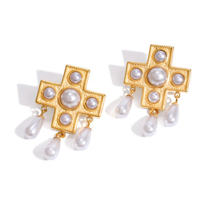 Boucles D'Oreilles Pendantes Pour Femme, En Acier Inoxydable Doré, Imperméables, Avec Pendentif Croix Et Goutte D'Eau (1 Paire). h5 Image8