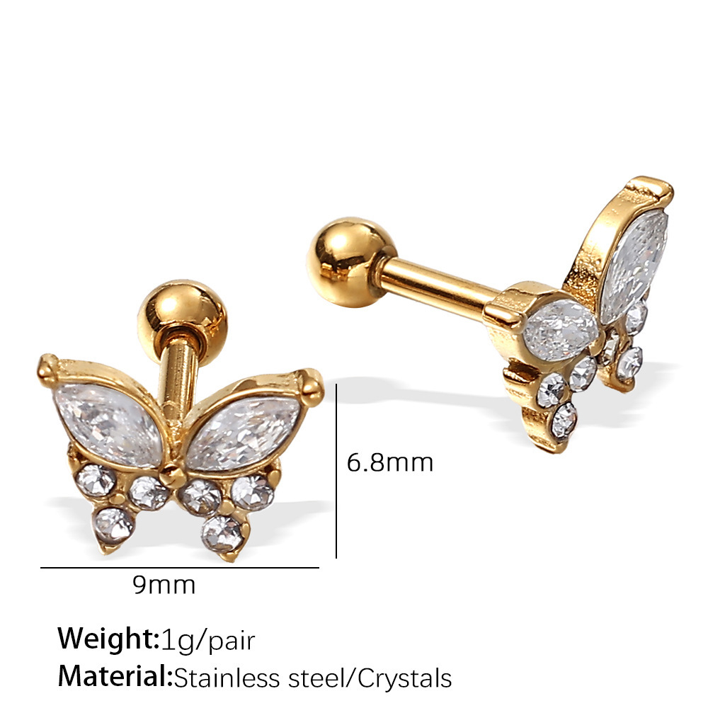 1 Paire De Boucles D'Oreilles Papillon En Acier Inoxydable Étanche Couleur Or Avec Cristal Pour Piercing 