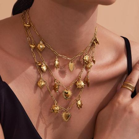 Collier pendentif femme classique cœur et soleil en acier inoxydable étanche couleur or (1 pièce)