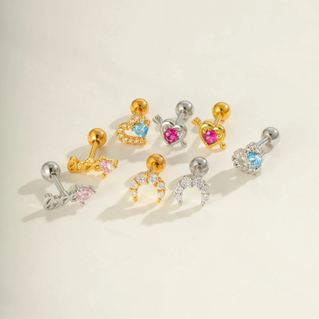 Boucle d'oreille piercing en forme de cœur en cuivre doré et zircon