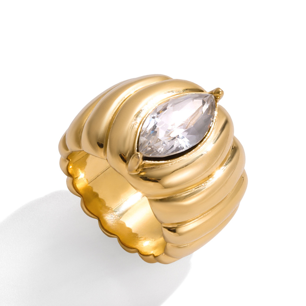Bague De Luxe En Acier Inoxydable Doré, Étanche, Ornée D'Une Bande De Perles (1 Pièce). h5Image7