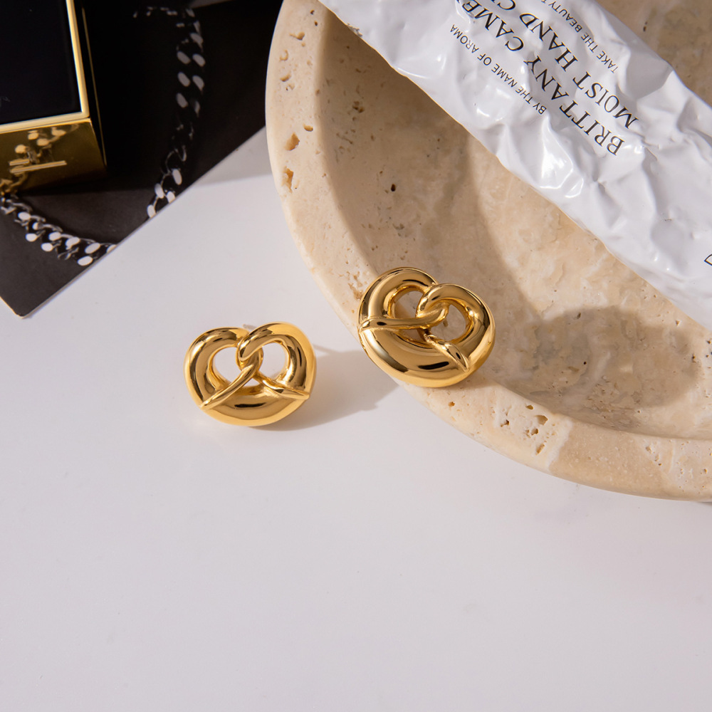 Boucles D'Oreilles Puces Pour Femme, En Acier Inoxydable Doré, Imperméables, En Forme De Bretzel (1 Paire). Image7
