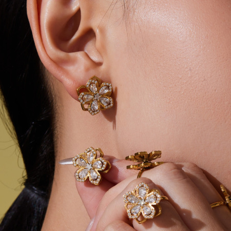 Ensembles de bijoux pour femmes en acier inoxydable doré, rotatifs, étanches, avec zircon et motif floral classique 2