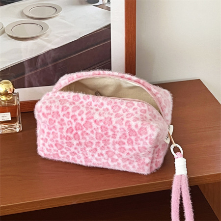 Trousse de maquillage en peluche pour femme, motif léopard rétro romantique, 1 pièce