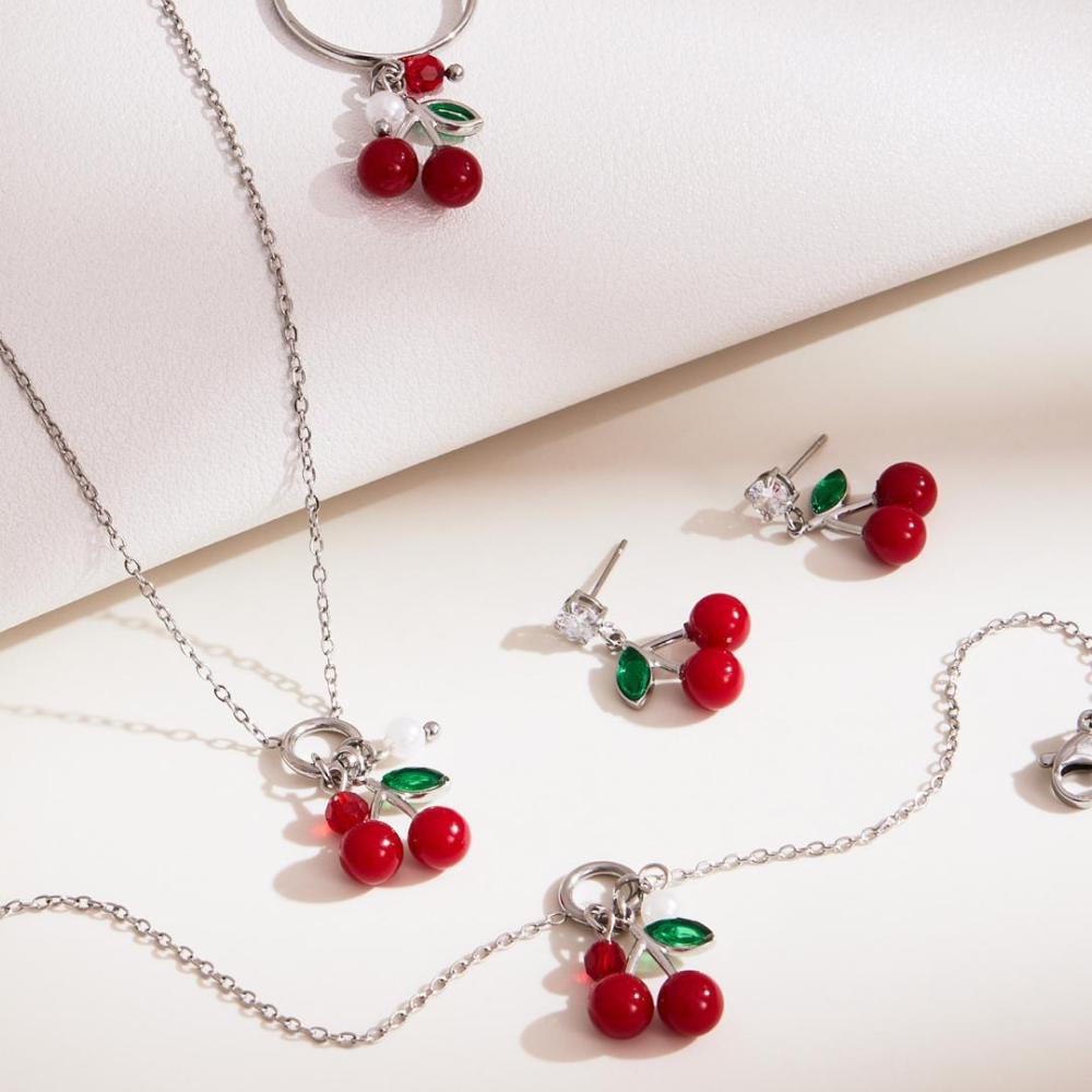 Ensembles De Bijoux Fantaisie Pour Femmes En Acier Inoxydable, Imperméables, Couleur Or Et Zircon, Avec Motif Cerise. Image3
