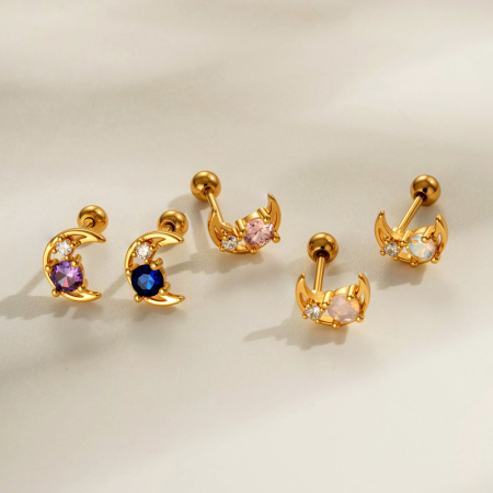 Boucle d'oreille piercing lune cuivre or zircon 1 pièce