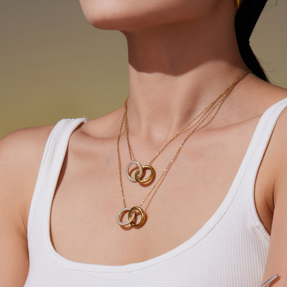Ensembles De Bijoux Pour Femmes En Acier Inoxydable Imperméable À Double Cercle Simple Et Zircon Doré Image2