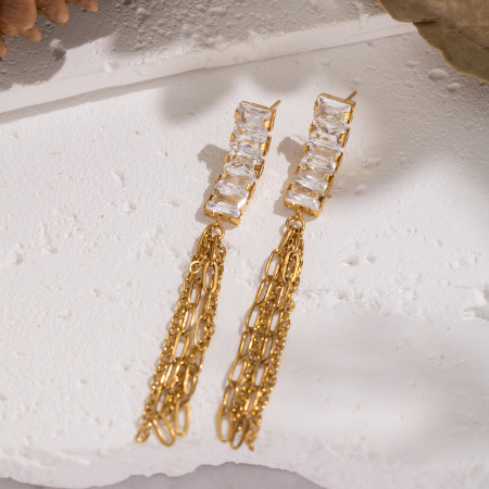 1 paire de boucles d'oreilles pendantes luxueuses à pompons, en acier inoxydable étanche, couleur or et zircon. 2