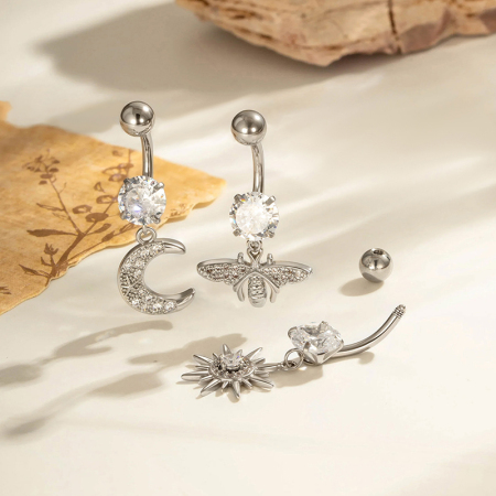 Piercing de nombril en cuivre et zircon, 1 pièce, soleil et lune 2