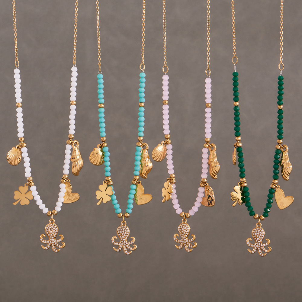 Collier De Perles Pour Femme En Acier Inoxydable Doré, Orné D'Une Pieuvre, De Pierres Naturelles Et De Zircon (1 Pièce) Image4