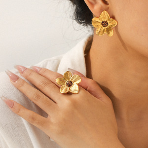 1 Paire De Boucles D'Oreilles Rétro À Motif Floral En Acier Inoxydable, Étanches, Couleur Léopard Doré h5 Image4