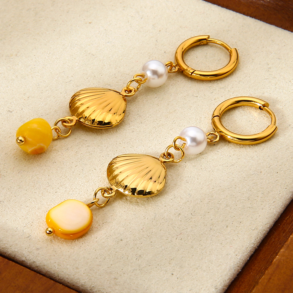1 Paire De Boucles D'Oreilles Pendantes Bohèmes En Acier Inoxydable, Couleur Or, Imperméables, Style Coquillage. Image5