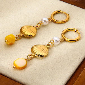 1 Paire De Boucles D'Oreilles Pendantes Bohèmes En Acier Inoxydable, Couleur Or, Imperméables, Style Coquillage. h5 Image5