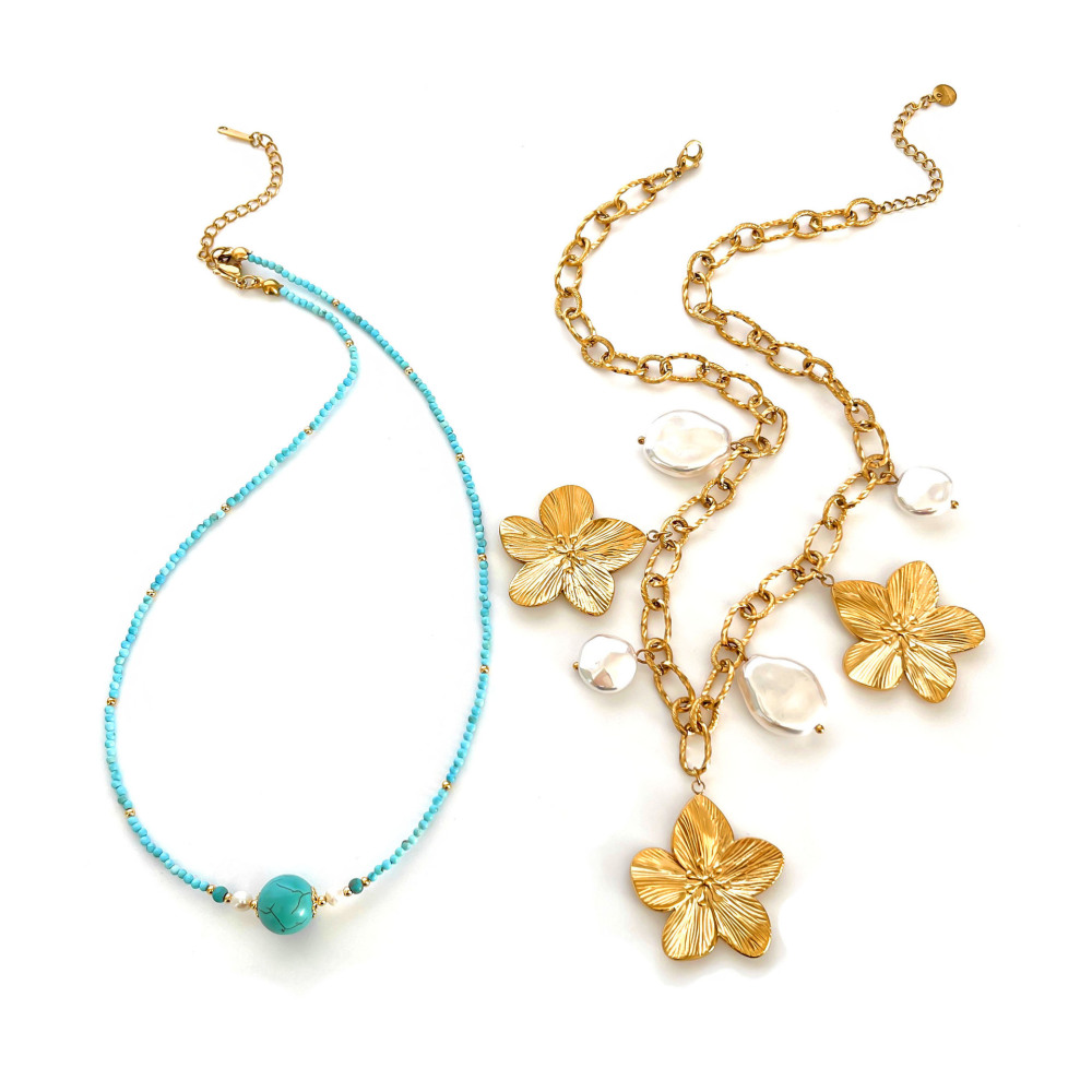 Collier Pendentif En Acier Inoxydable Imperméable Avec Pierre Naturelle Et Fleur (1 Pièce) h5Image6