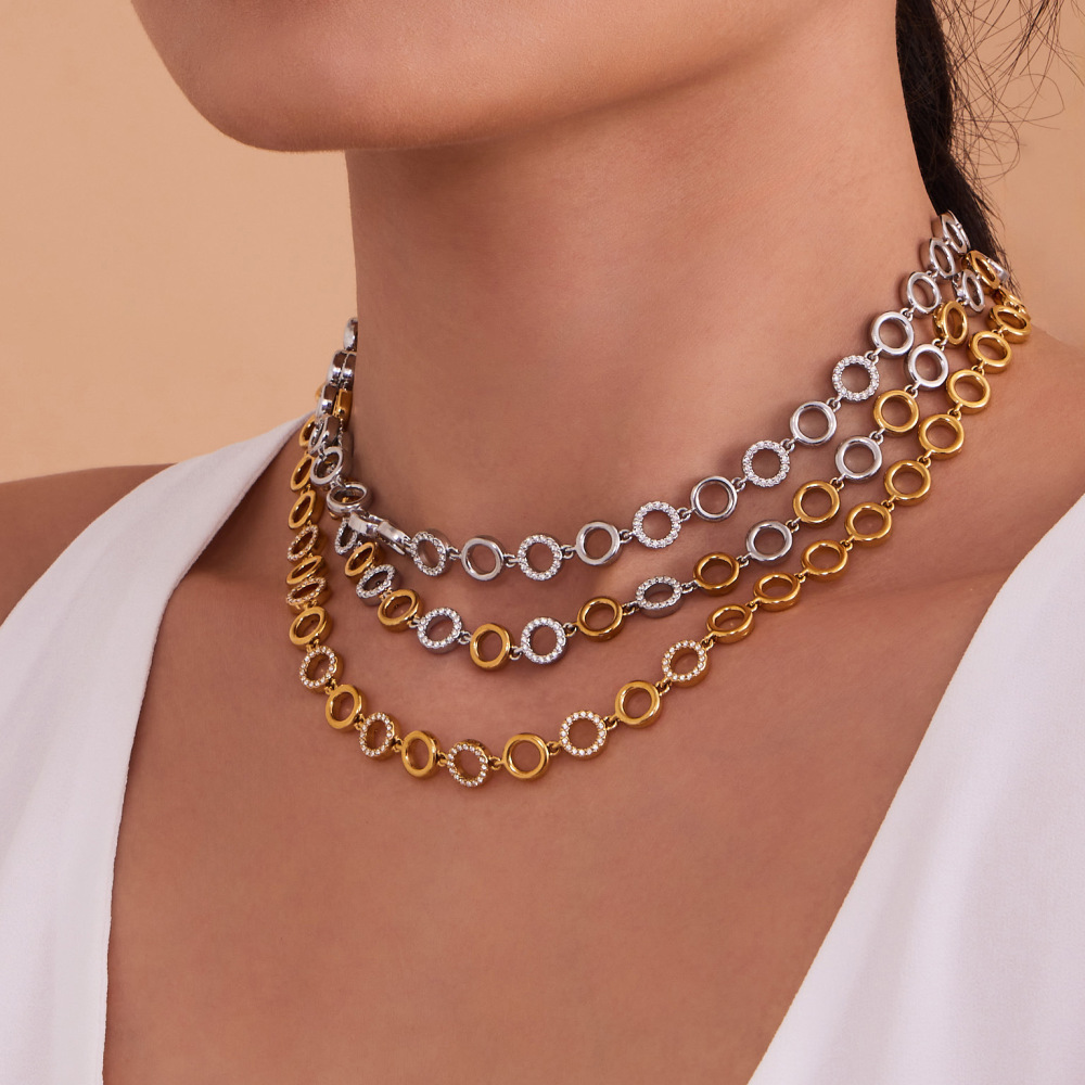 Ensembles De Bijoux Pour Femmes Classic Circle En Acier Inoxydable Étanche, Couleur Or, Avec Zircon. Image3