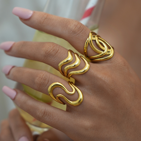 Bague femme simple, rétro, de forme irrégulière, en acier inoxydable, couleur or, étanche. 2