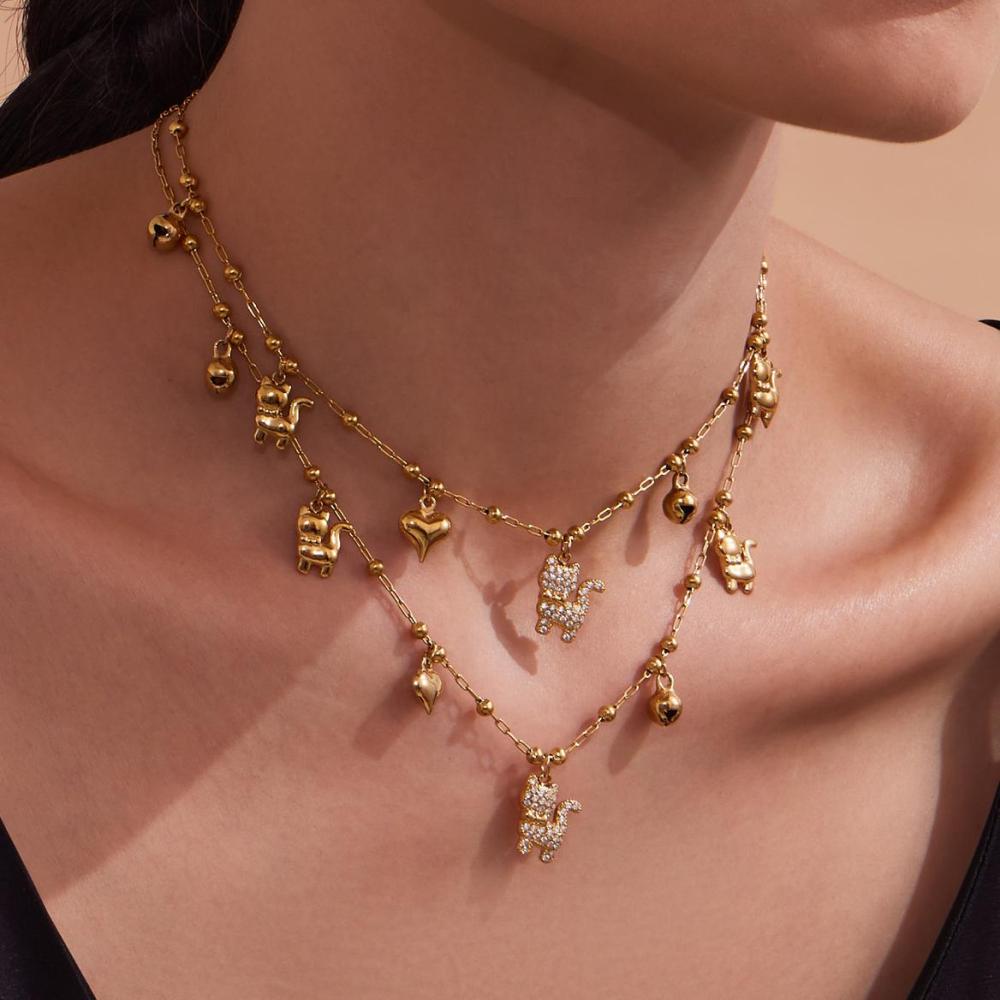 Ensembles De Bijoux Délicats Et Mignons Pour Femmes, En Acier Inoxydable, Étanches, Couleur Or Et Zircon, Avec Motif Chaton. Image2