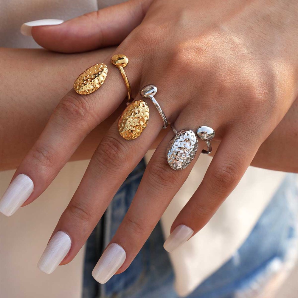 Bague Tendance En Acier Inoxydable Doré, Motif Daily Hammer, 1 Pièce Image5