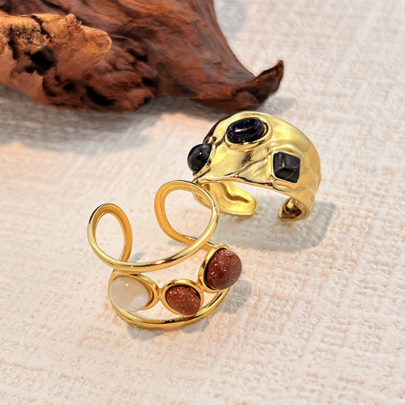Bague rétro en acier inoxydable de forme irrégulière, étanche, couleur or, avec pierre naturelle (1 pièce). 2