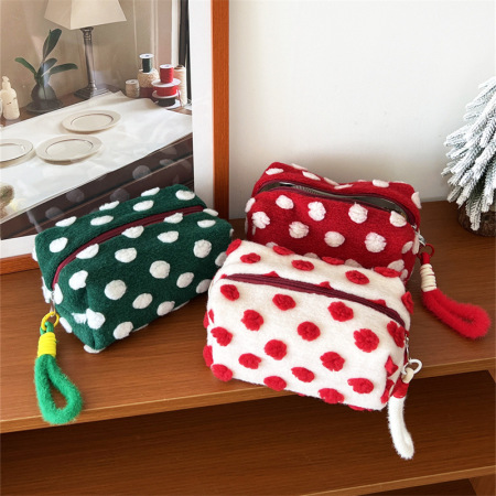 Trousse de maquillage en peluche à pois pour femme, série romantique, 1 pièce