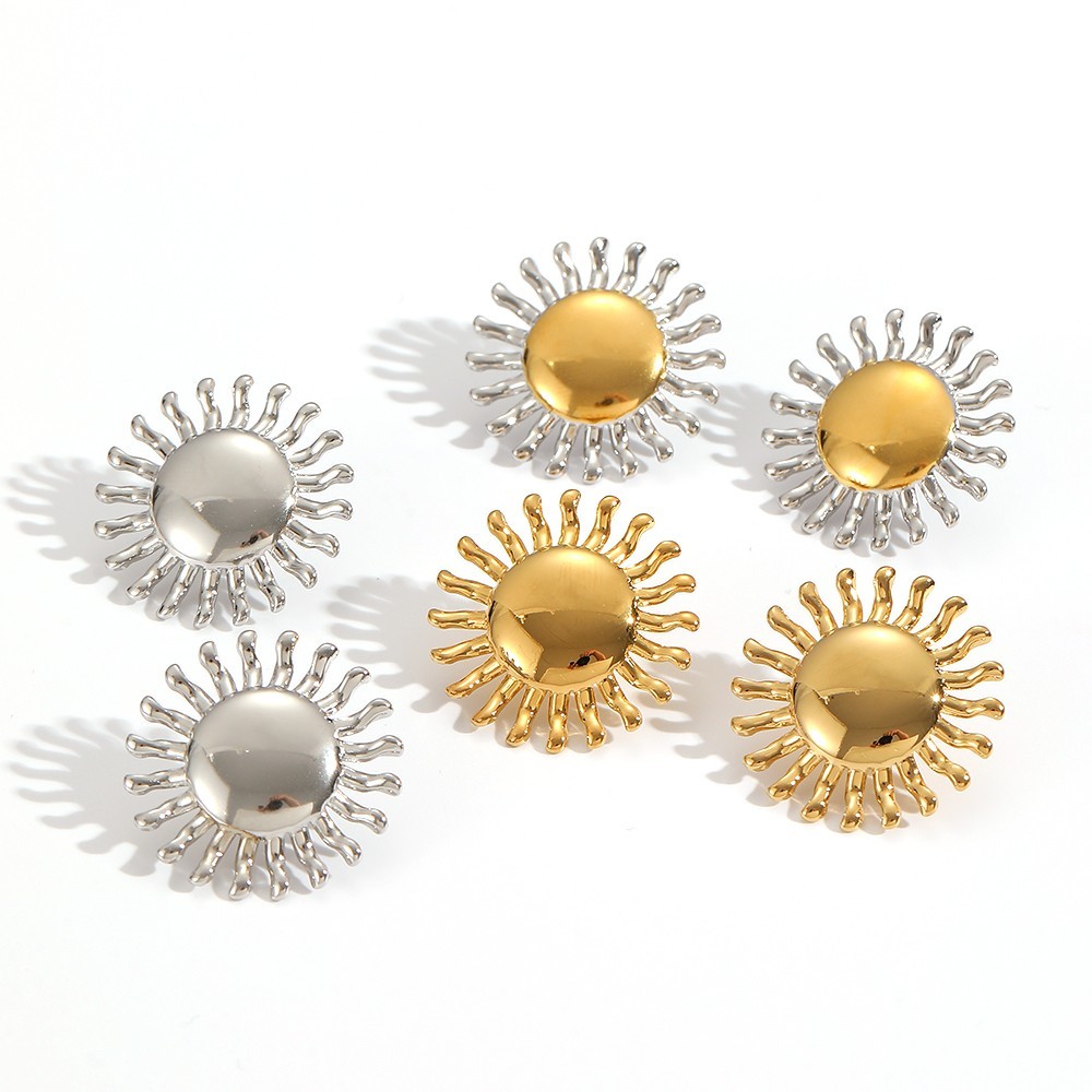 1 Paire De Boucles D'Oreilles À Clous Sun En Acier Inoxydable Étanche Couleur Or Image3