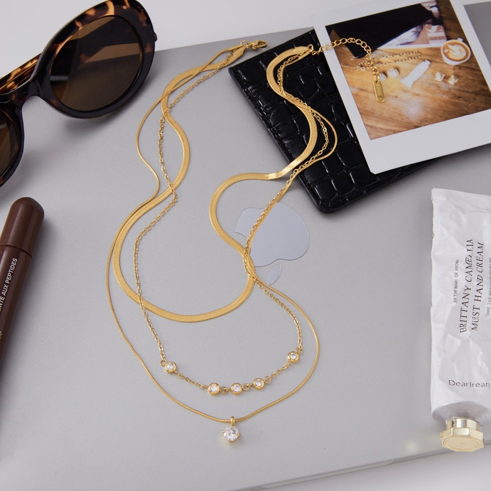 Collier À Plusieurs Rangs Pour Femme, En Acier Inoxydable Doré, Orné D'Un Zircon, Style Moderne Rond Et Étanche (1 Pièce) Image5