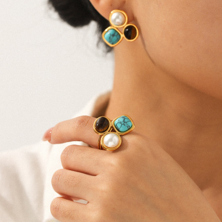 Bague luxueuse en acier inoxydable de forme irrégulière, couleur or, avec pierres précieuses, pour femme