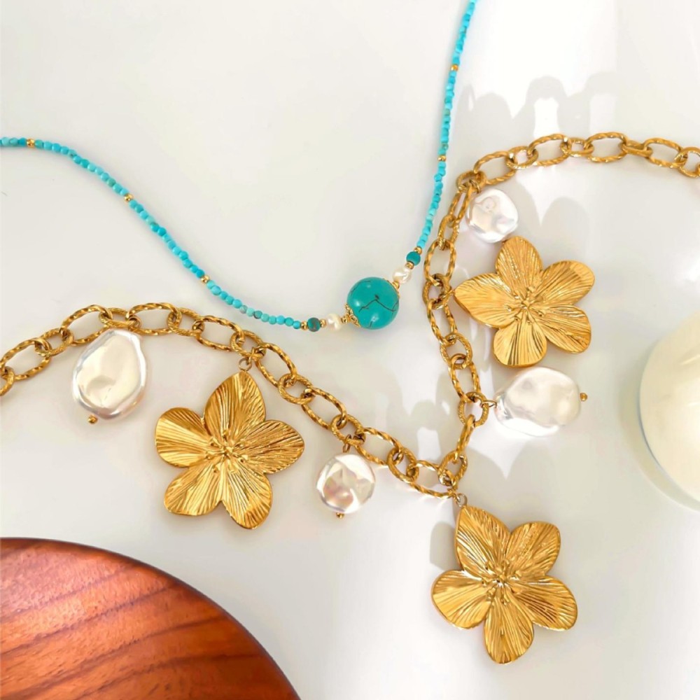 Collier Pendentif En Acier Inoxydable Imperméable Avec Pierre Naturelle Et Fleur (1 Pièce) h5Image4