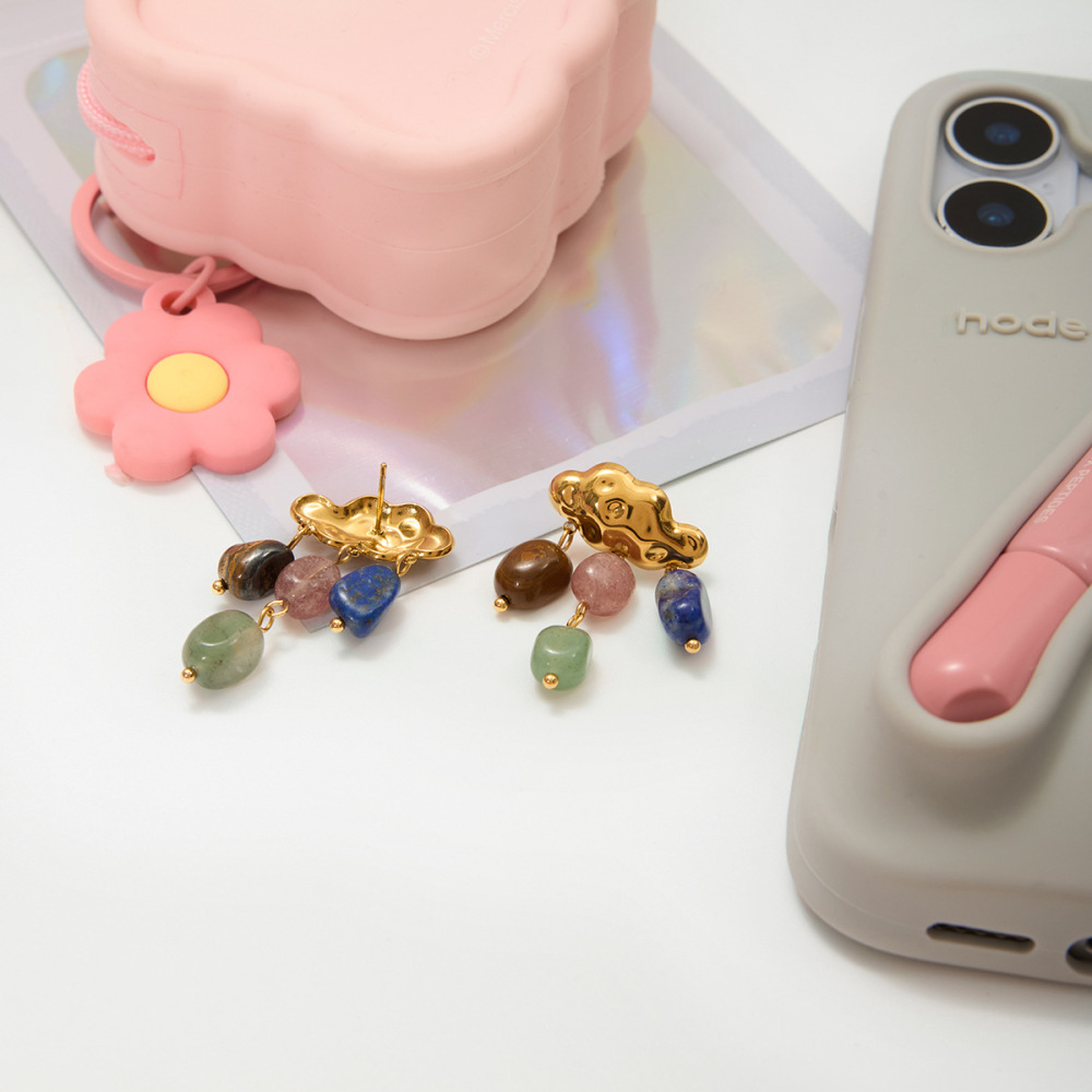 Boucles D'Oreilles Pendantes Pour Femme, En Acier Inoxydable Doré, Ornées D'Une Pierre Naturelle Et D'Un Motif Nuage. 1 Paire Image6