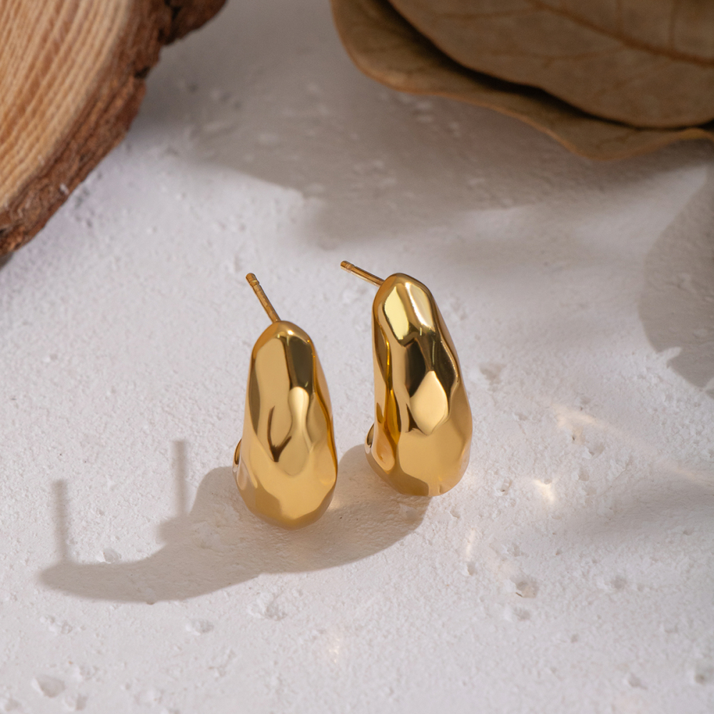 1 Paire De Boucles D'Oreilles À Clous En Acier Inoxydable Doré, Imperméables, Motif Martelé Image2