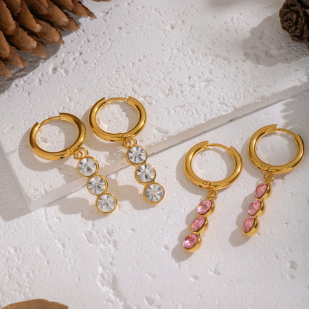1 paire de boucles d'oreilles pendantes en acier inoxydable étanche, couleur or, avec zircon.