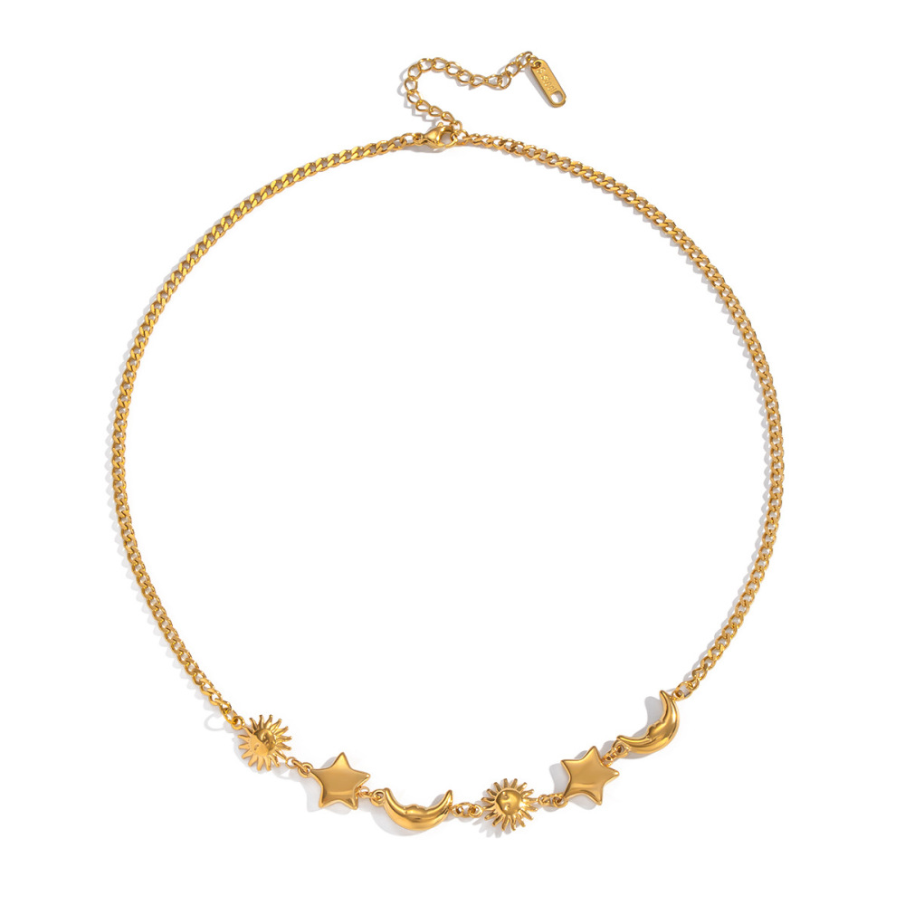Collier Pendentif Rétro Soleil, Étoile Et Lune En Acier Inoxydable Étanche Couleur Or (1 Pièce) Image5