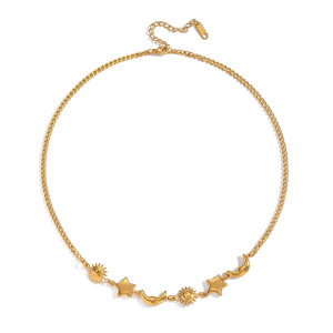 Collier Pendentif Rétro Soleil, Étoile Et Lune En Acier Inoxydable Étanche Couleur Or (1 Pièce) h5 Image5