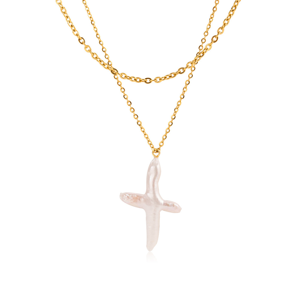 Collier Pendentif Élégant En Forme De Croix, En Acier Inoxydable Étanche, Couleur Or, Avec Perle, Pour Femme (1 Pièce) 
