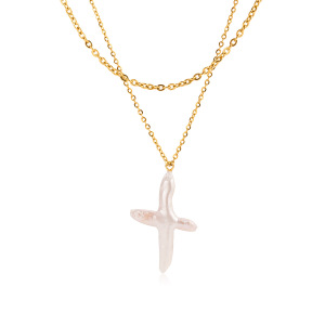 Collier Pendentif Élégant En Forme De Croix, En Acier Inoxydable Étanche, Couleur Or, Avec Perle, Pour Femme (1 Pièce) h5 