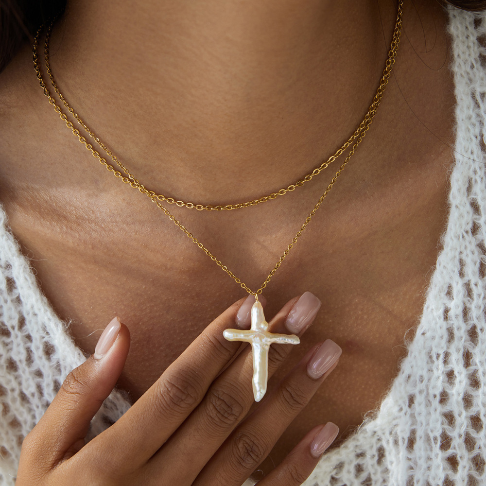 Collier Pendentif Élégant En Forme De Croix, En Acier Inoxydable Étanche, Couleur Or, Avec Perle, Pour Femme (1 Pièce) Image5